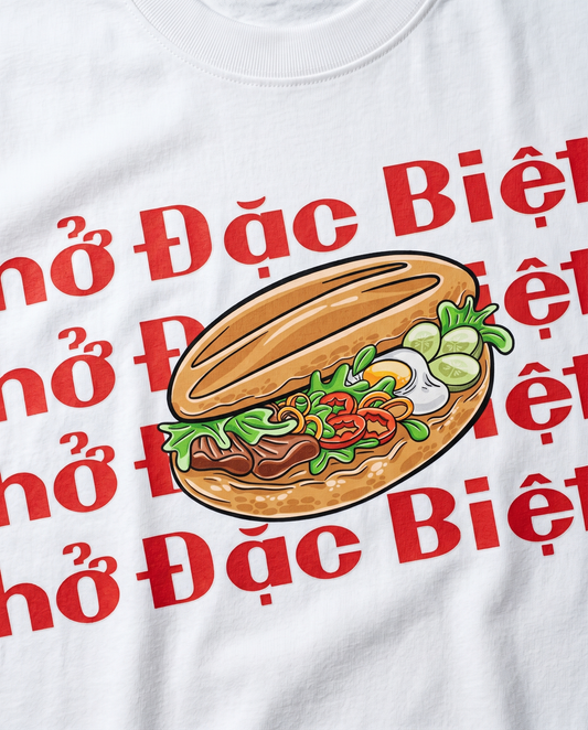 Banh mi design print close-up on white tee