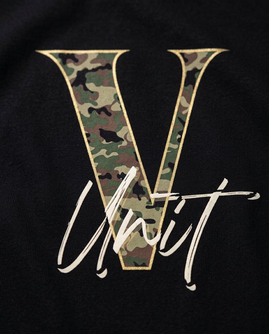 V-Unit camo design print close-up on black tee
