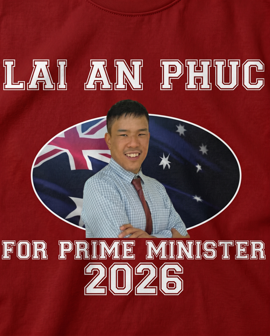 Lai An Phuc for Prime Minister 2026 print close-up on red tee