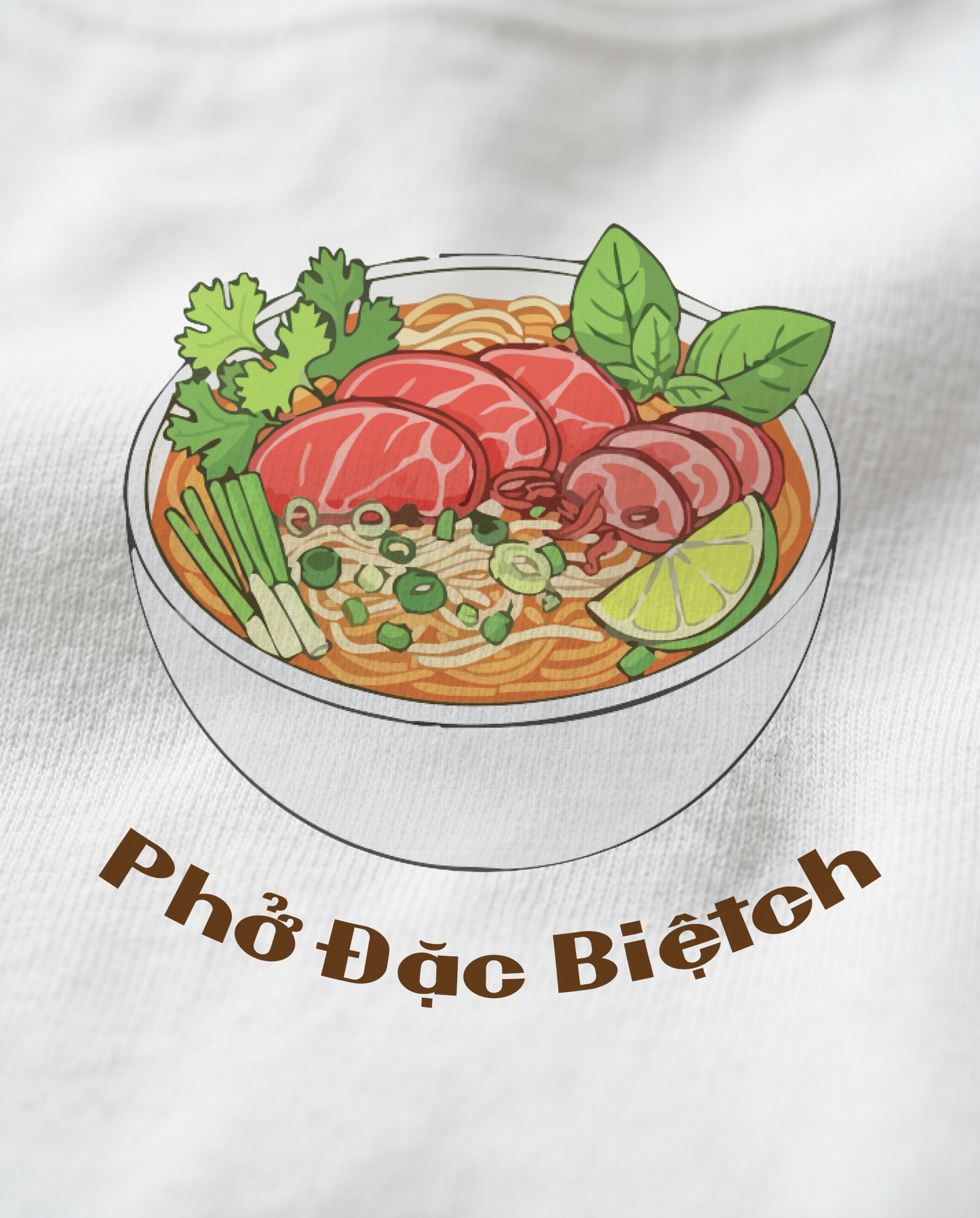 Pho bowl design print close-up on white tee