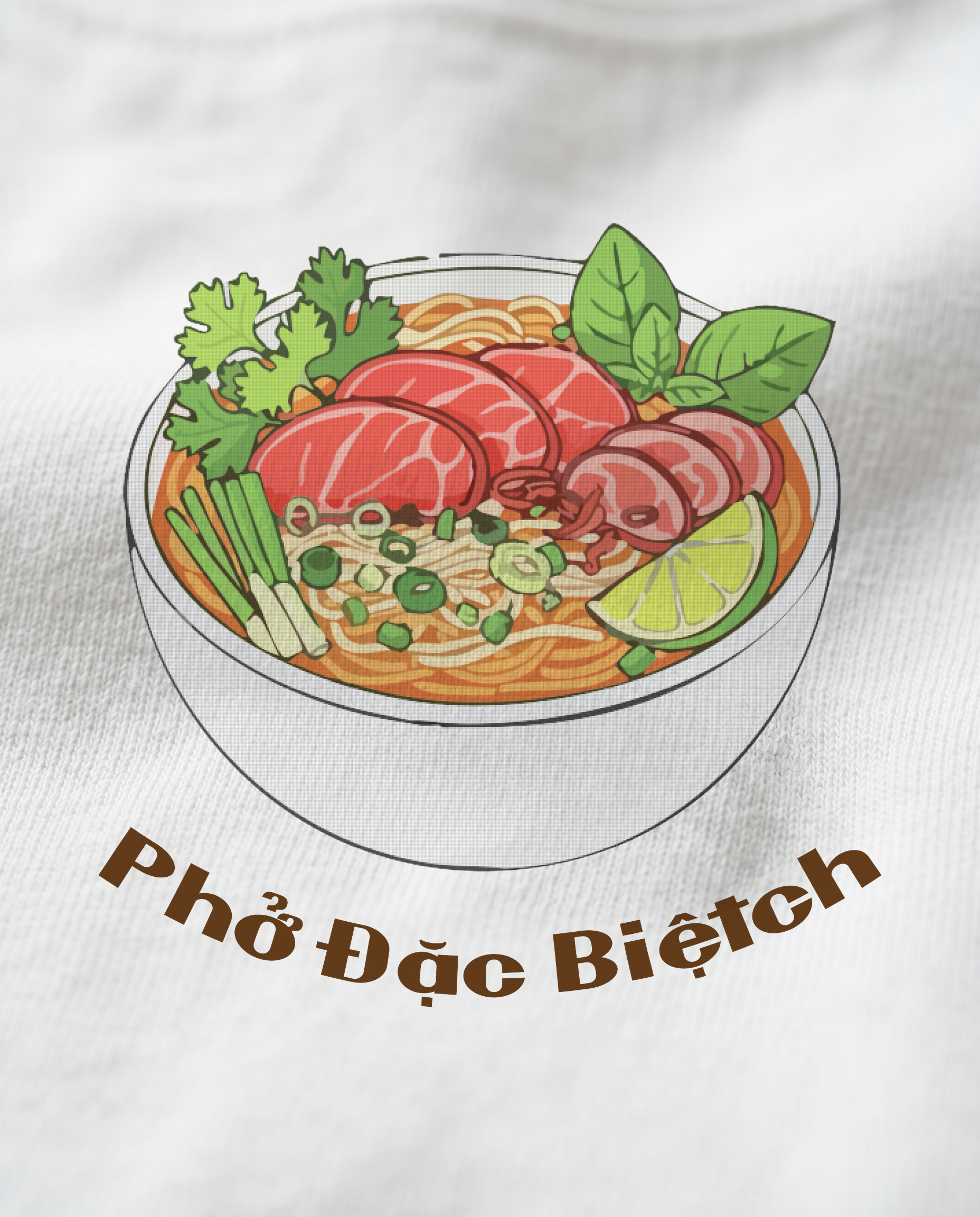 Pho bowl design print close-up on white tee
