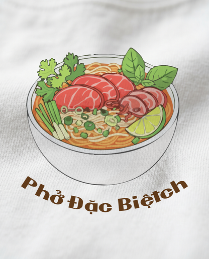 Pho bowl design print close-up on white tee