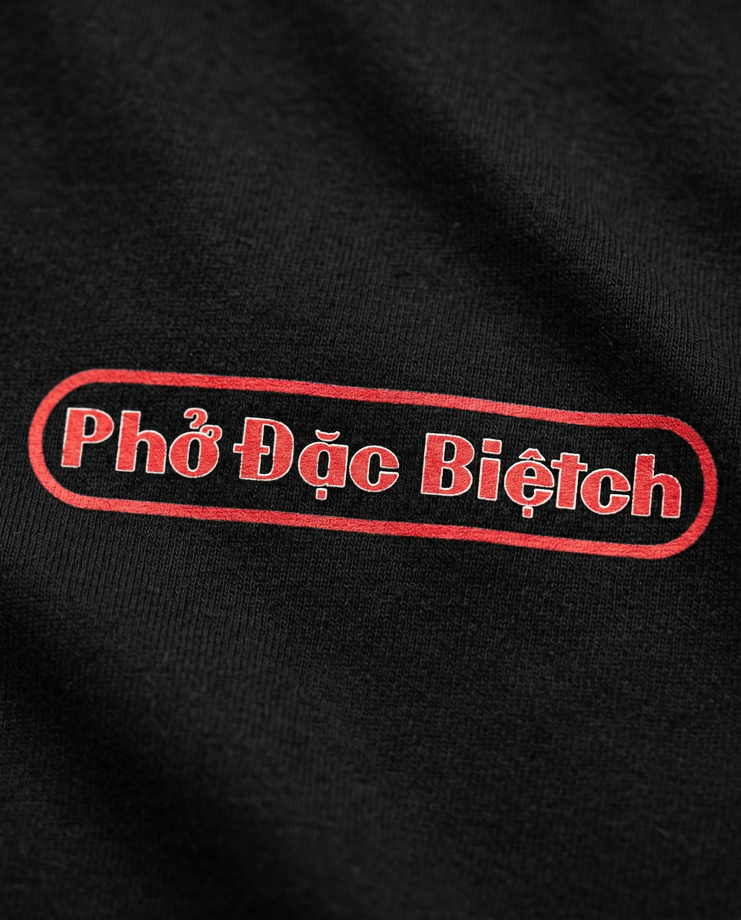 Phở Đặc Biệtch logo print close-up on black tee