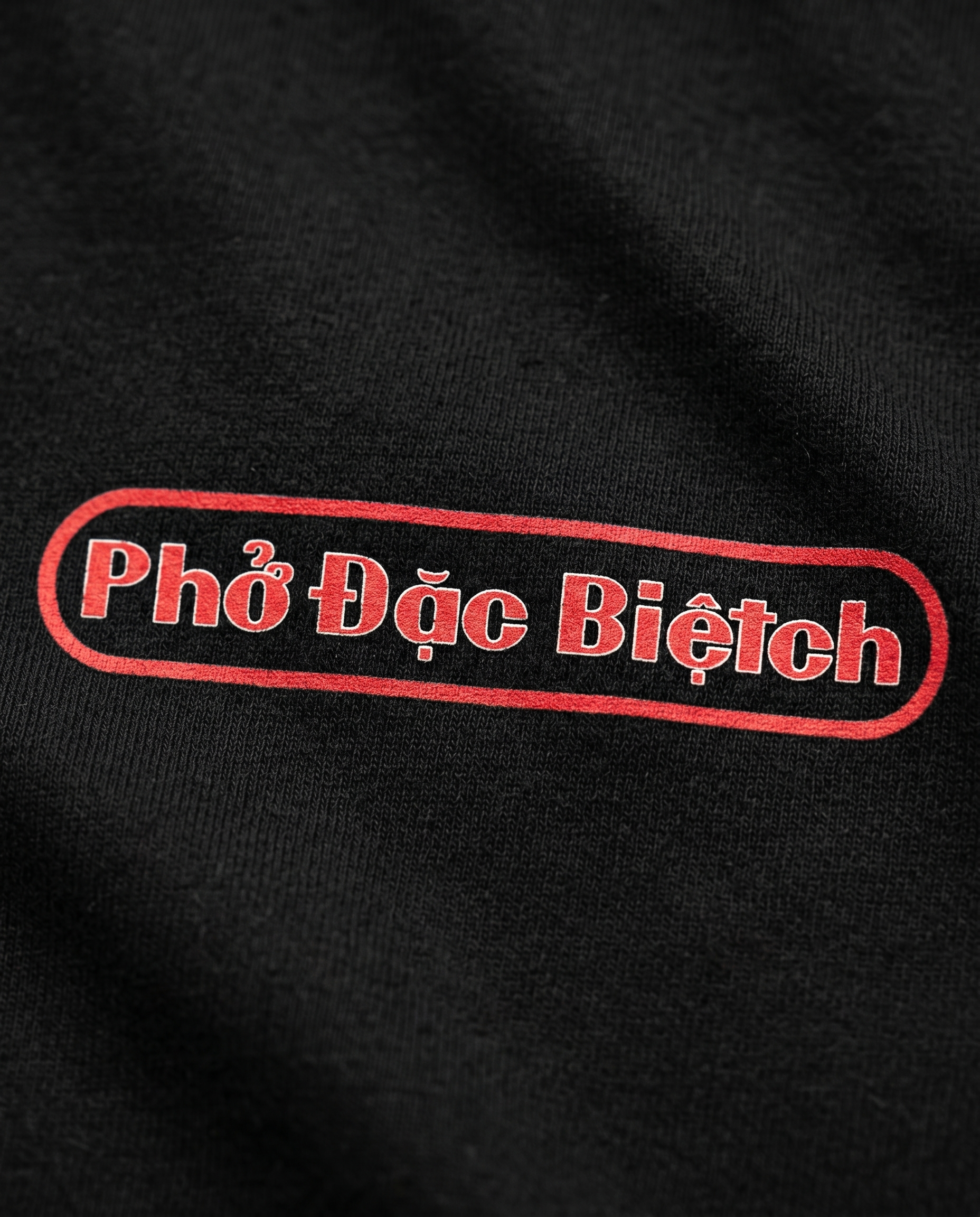Phở Đặc Biệtch logo print close-up on black tee