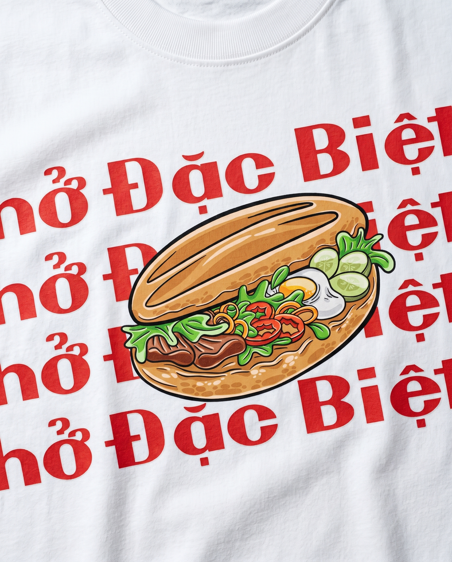 Banh mi design print close-up on white tee