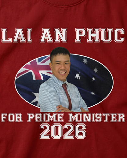 Lai An Phuc for Prime Minister 2026 print close-up on red tee